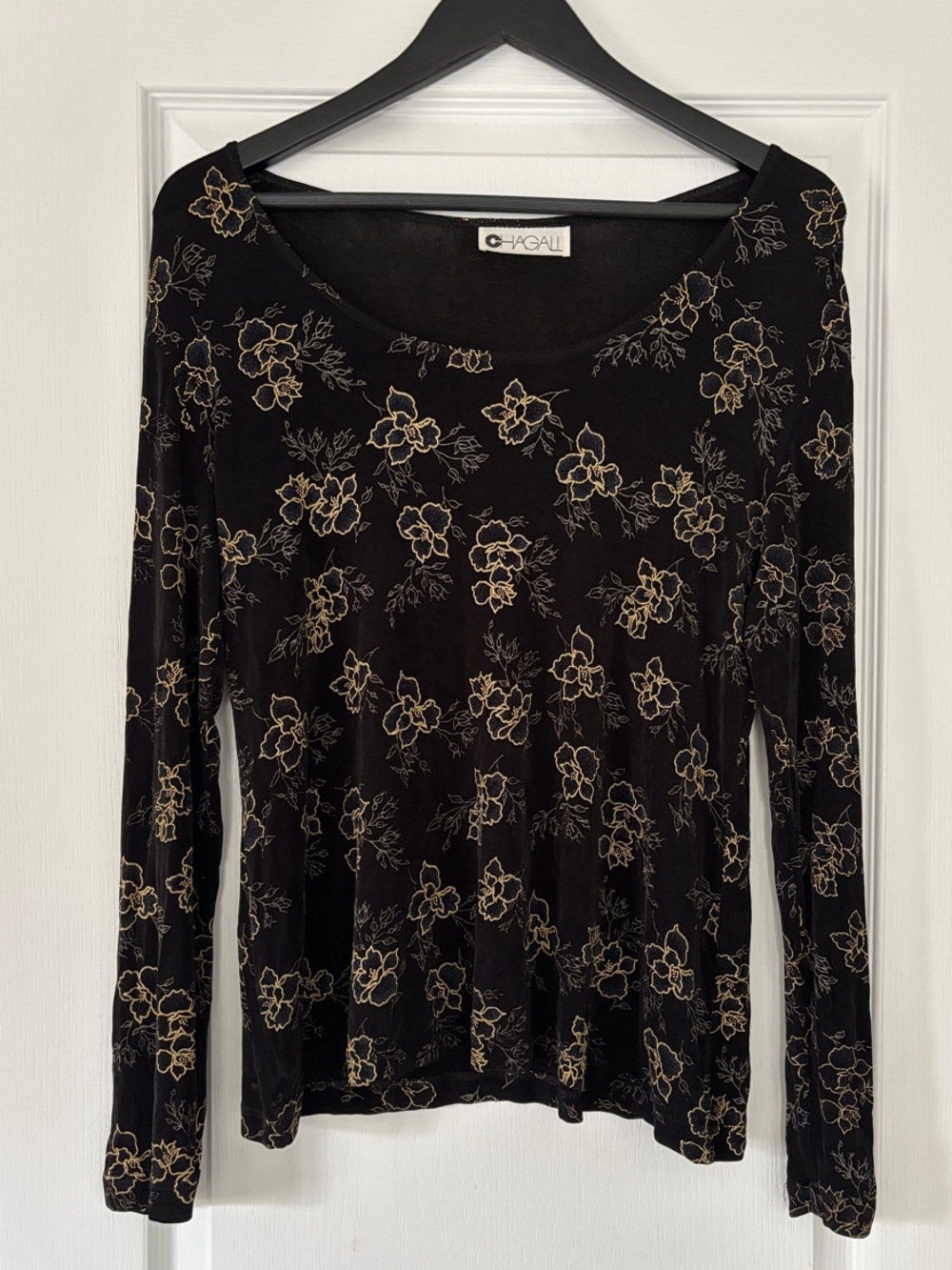 Chagall Black Long Sleeve Scoop Neck Top with Gold Floral Print